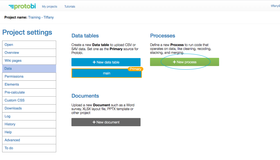 Protobi Project settings page for "Training - Tiffany" showing the Data section with three panels: Data tables (with "main" table marked as Primary), Processes (with "+ New process" button highlighted), and Documents section. The left sidebar shows navigation options including Open, Overview, Wiki pages, Data (selected), Permissions, and other settings.
