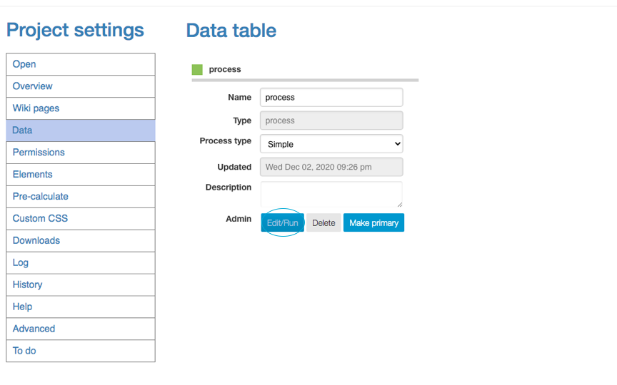 Protobi Data table page showing configuration for the "process" table. The form displays fields including Name: "process", Type: "process", Process type dropdown set to "Simple", Updated timestamp "Wed Dec 02, 2020 09:26 pm", and admin buttons for Edit/Run, Delete, and Make primary.