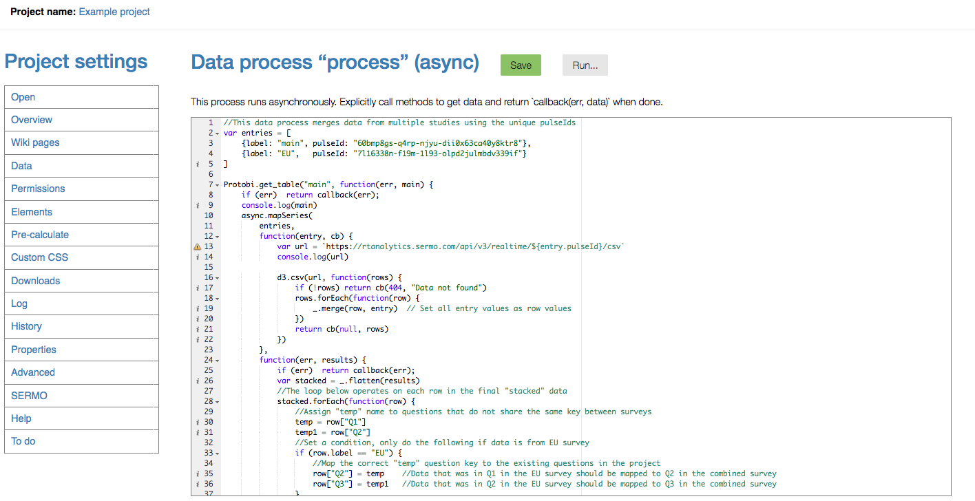 Protobi "Data process 'process' (async)" editor with Save (green) and Run... (gray) buttons, displaying JavaScript code that merges data from multiple studies using unique pulseIds, with comments explaining the code retrieves data from two SERMO API endpoints ("60mmp8qs-q4rp-njyu-dii0x63cq40y8ktr8" and "7li6338n-fi9m-1l93-olpd2julmbdv339if") and merges entries based on entry values.