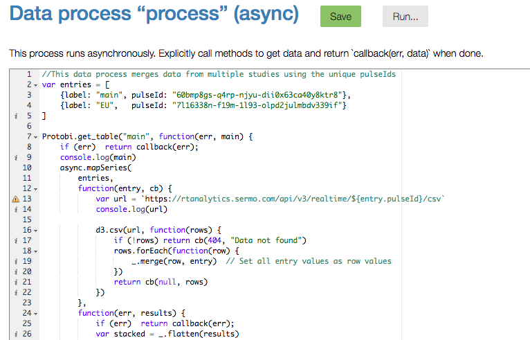 Protobi code editor showing lines 1-26 of an asynchronous data process that merges data from multiple studies, defining two survey entries with labels "main" (pulseId: "60mmp8qs-q4rp-njyu-dii0x63cq40y8ktr8") and "EU" (pulseId: "7li6338n-fi9m-1l93-olpd2julmbdv339if"), followed by code to fetch data from SERMO API and merge entries.