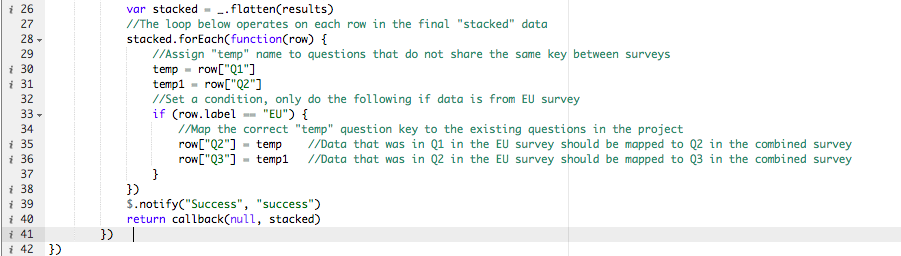 Protobi code editor showing lines 26-42 of JavaScript code that processes stacked data, including logic to assign temp names to questions (temp = row["Q1"], temp1 = row["Q2"]) and conditional mapping for EU survey data where questions Q1, Q2, and Q3 are mapped to Q2, Q3 in the combined survey, ending with a success notification and callback.