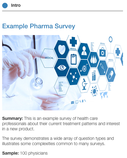 Final rendered intro page displaying the 'Example Pharma Survey' title in blue text, followed by a medical-themed banner image with hexagonal icons and stethoscope imagery. Below the image is a Summary section explaining the survey's purpose about health care professionals' treatment patterns, followed by a description of question types, and ending with 'Sample: 100 physicians'.
