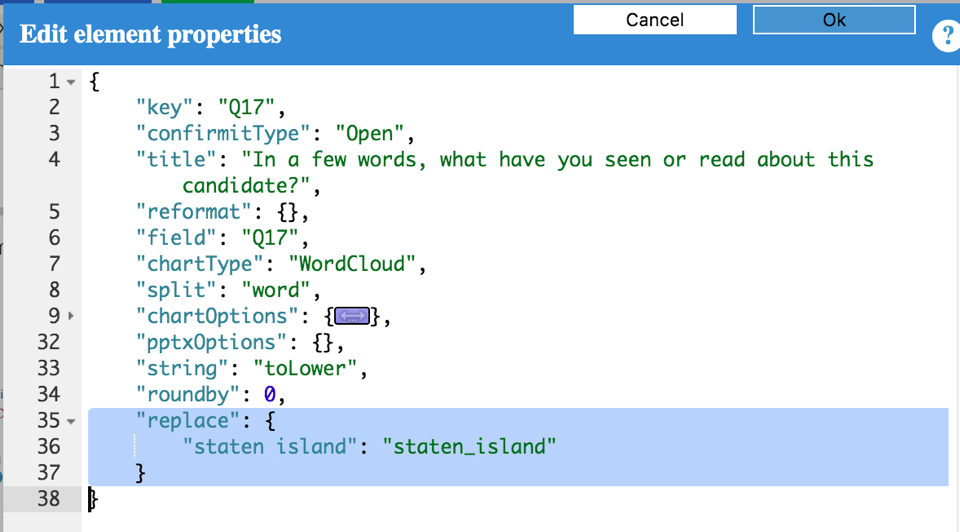 JSON editor showing Edit element properties dialog with a 'replace' attribute on line 35 that maps 'staten island' to 'staten_island', preserving this two-word phrase as a single unit by replacing the space with an underscore before word splitting occurs.