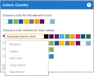 Color dialog for element 'Country' showing color selection options with Example-brand-colors theme selected. A context menu is displayed over the color swatches with options: Rename, Delete, Add color, Copy theme, and New theme.