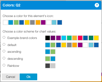 Color dialog for Q2 showing a new color theme option selected. The new theme displays only two colors (black and gray), in contrast to the other preset themes. Other options include Example-brand-colors, default, ascending, descending, and Rainbow themes.