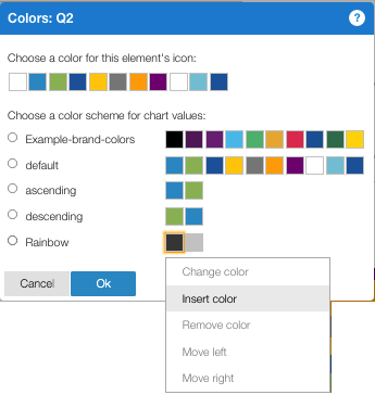 Color dialog for Q2 with Rainbow theme selected. A context menu appears over one of the color swatches showing four options: 'Change color', 'Insert color', 'Remove color', and two 'Move' options (Move left and Move right).