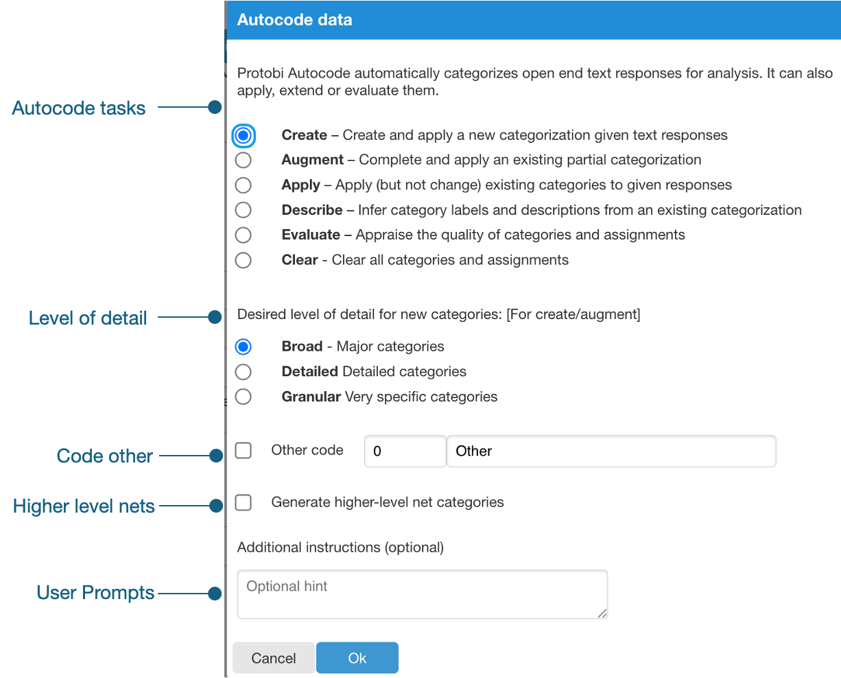 Showing  Autocode dialog with all the options