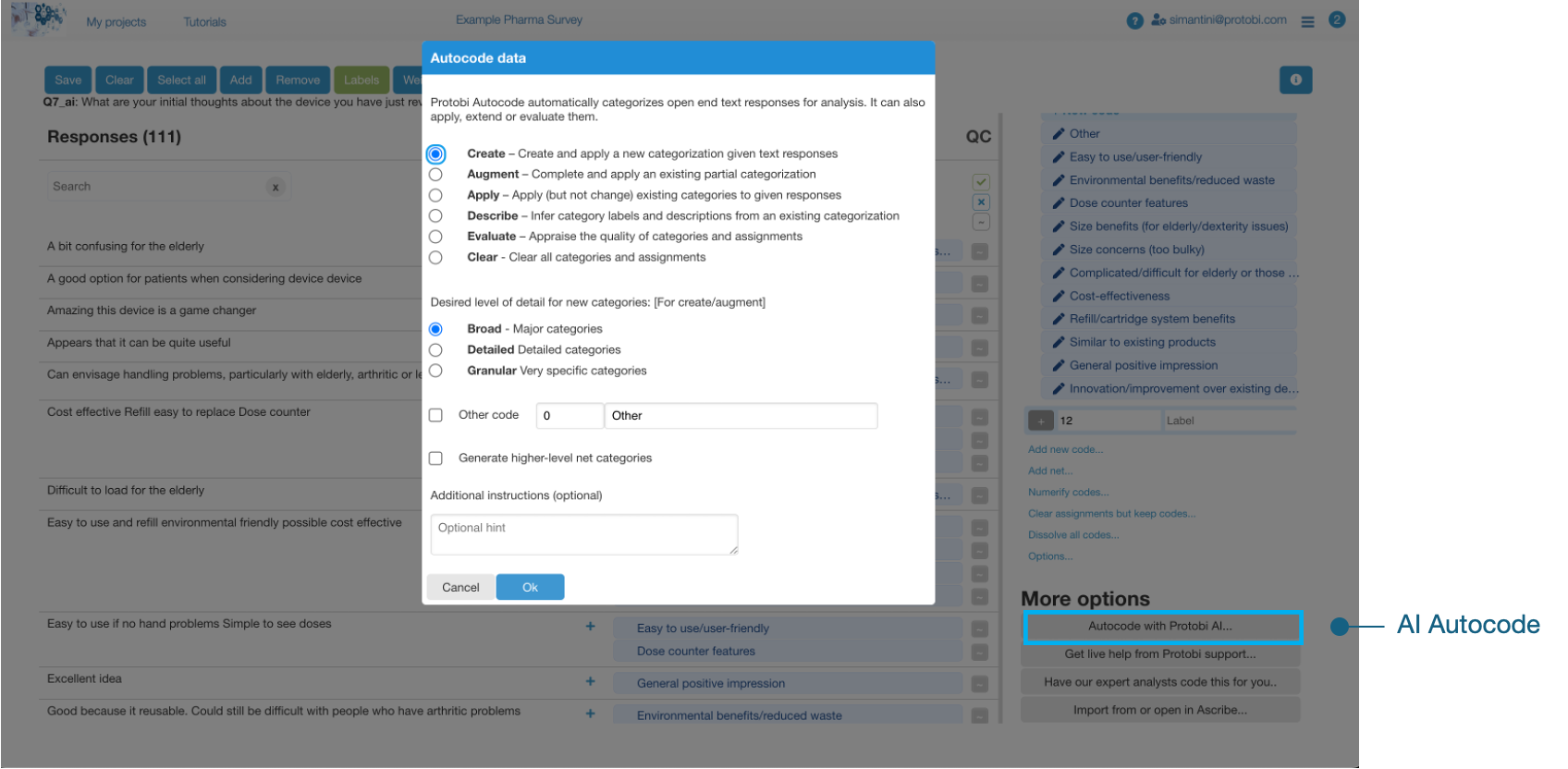 Highlighting more options that opens the autocode AI dialog when clicking on the Autocode with Protobi AI