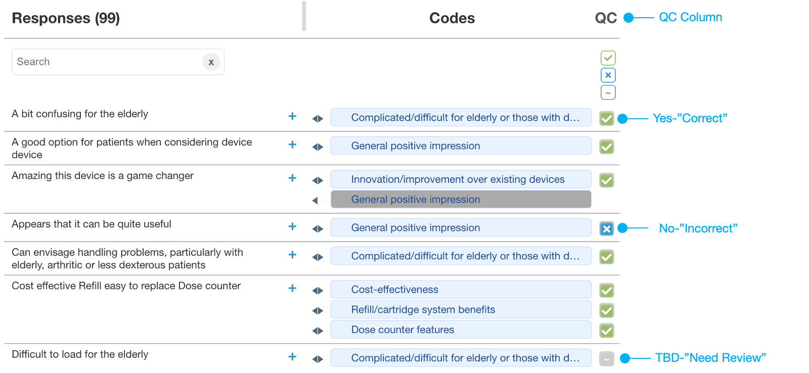 Evaluate comparison view showing toggle indicators and QC column
