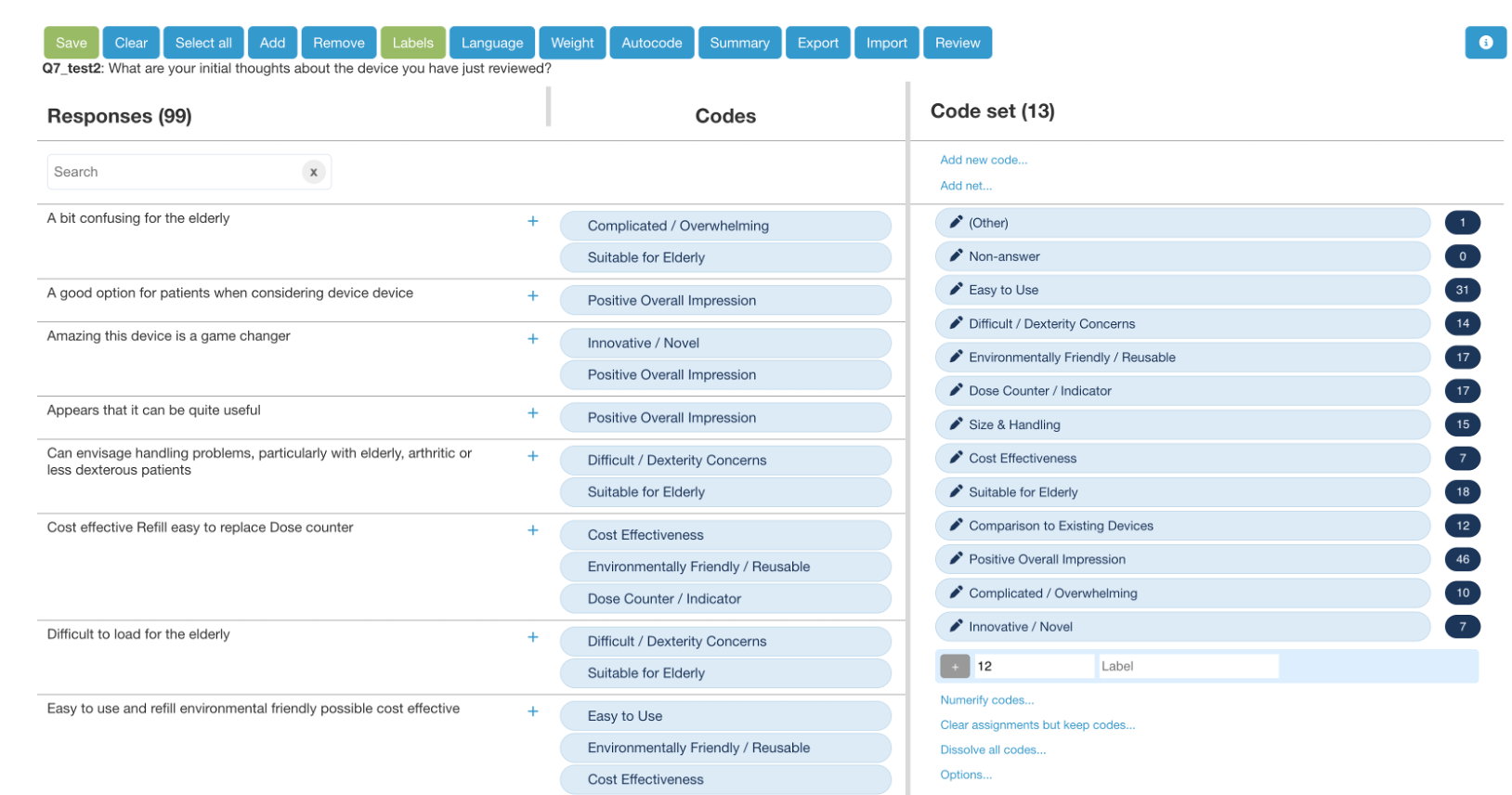 Protobi coding interface for element Q7_coded_copy displaying survey responses in the left column with assigned code tags (like #GOOD, #NOT EASY, #DOSE INDICATOR, #COST EFFECTIVE) in the middle column, and a code set panel on the right showing available codes including #COST EFFECTIVE, #DOSE INDICATOR, #EASY TO USE, and others.