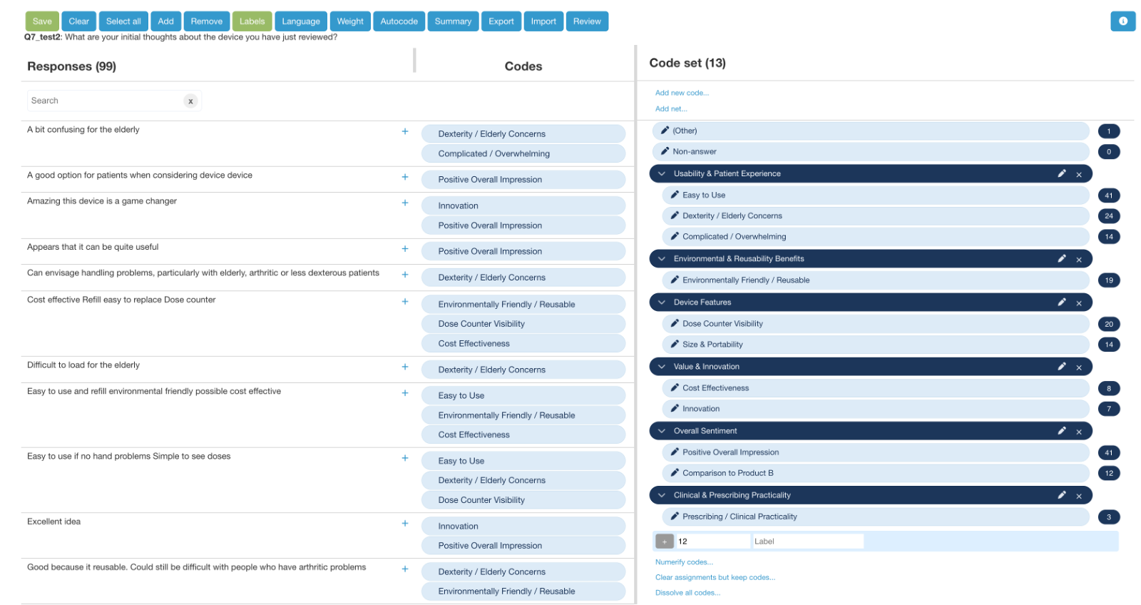 Protobi coding interface displaying responses with several #COST EFFECTIVE codes highlighted in orange, including on responses like 'Cost effective Refill easy to replace Dose counter' which has multiple codes including #DOSE INDICATOR and #COST EFFECTIVE (both in orange). The Code set panel shows #COST EFFECTIVE highlighted in orange at the top of the list.
