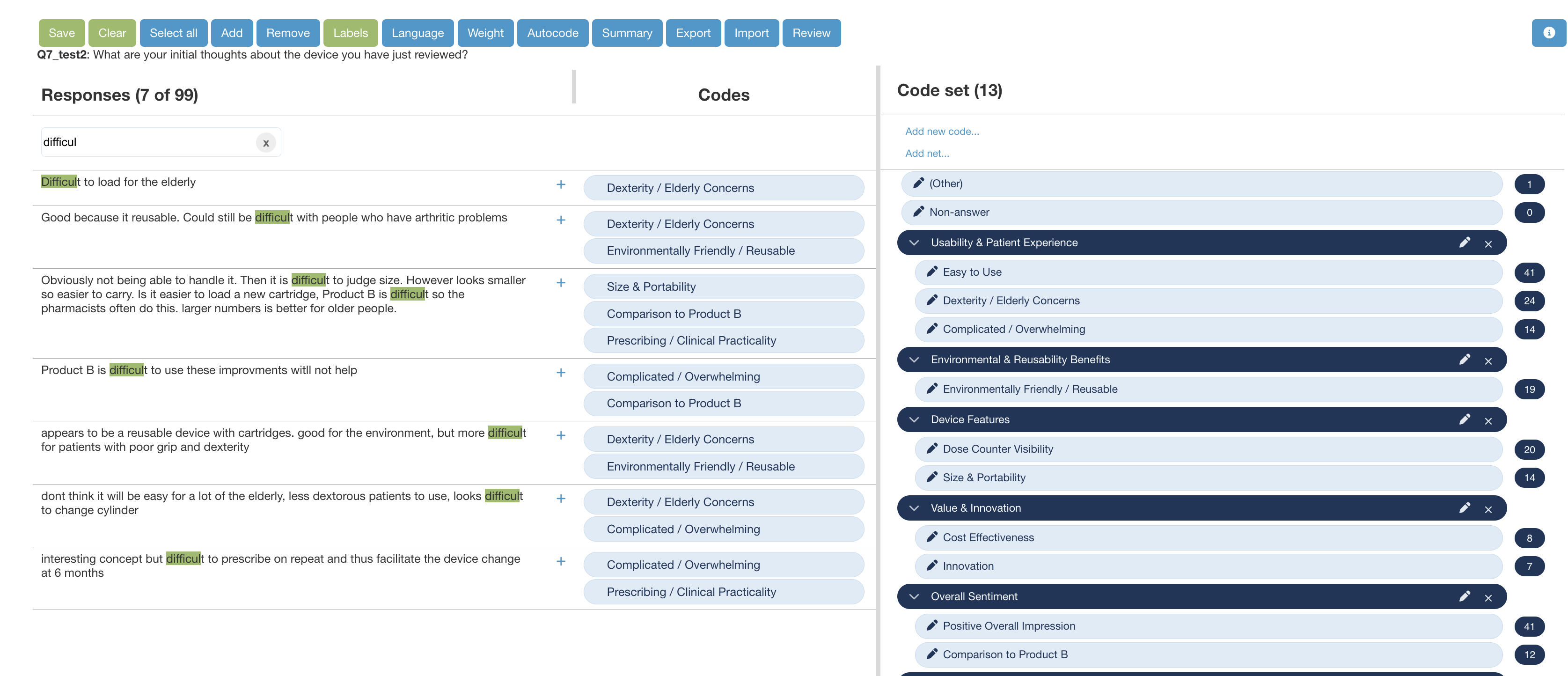 Protobi coding interface with 'difficult' entered in the Search box, filtering the responses to show only those containing that term.