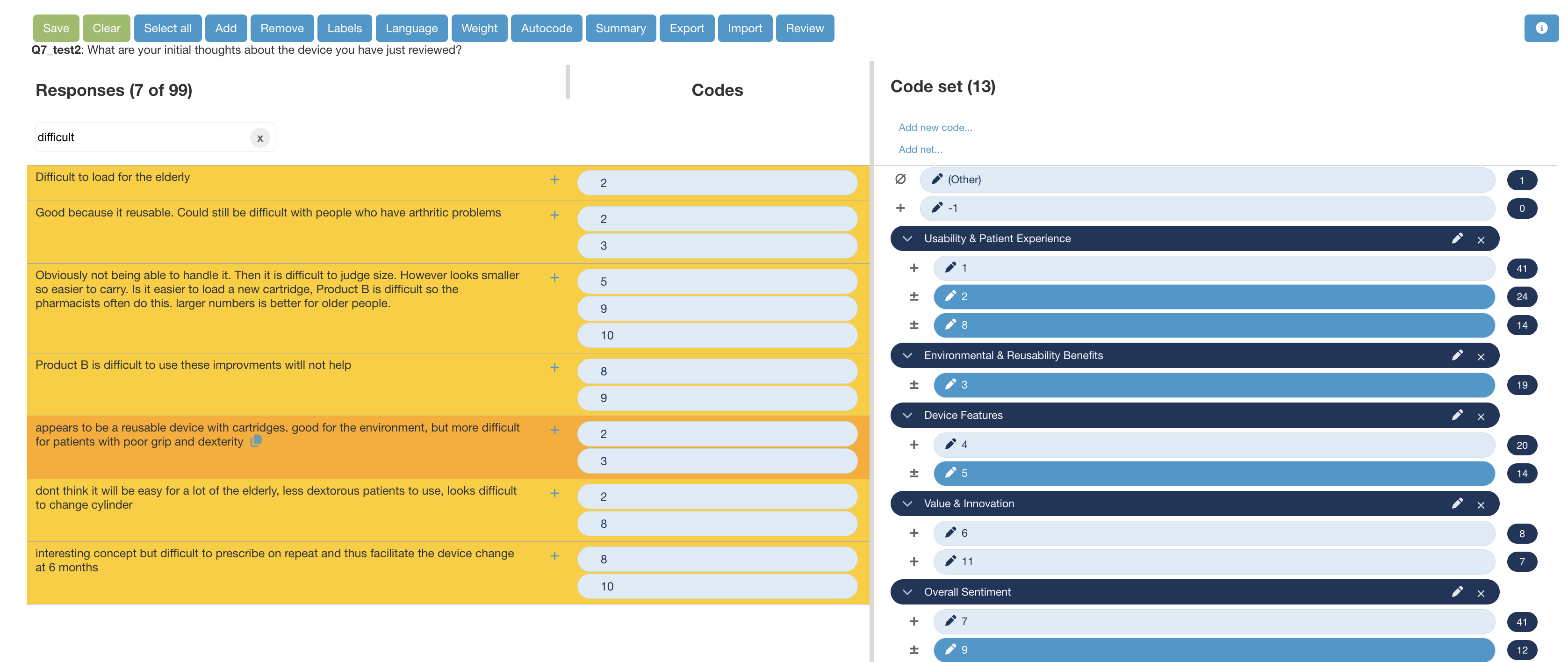 Protobi coding interface displaying responses with numeric code badges instead of text labels. Responses show codes like '6', '5', '1', and combinations like '5 1', '2 1', and '6 1'. The right Code set panel shows numeric codes 1 through 8 with an 'Add new code...' link and 'Numerify codes...' option.
