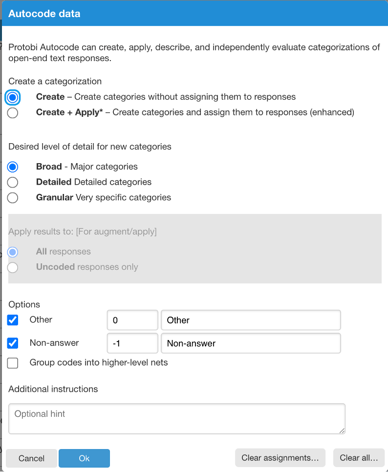 Showing autocode dialog box where create+apply selected