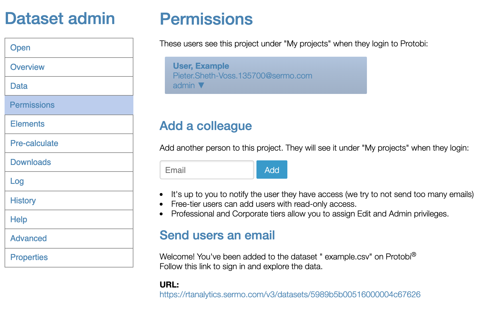 Protobi Dataset admin interface showing the Permissions tab selected. The page displays a current user "User, Example" with email "Pieter.Sheth-Voss.135700@sermo.com" and "admin" role. Below is an "Add a colleague" section with an Email input field and blue "Add" button, followed by three bullet points explaining user permissions and a "Send users an email" template section showing a sample URL.