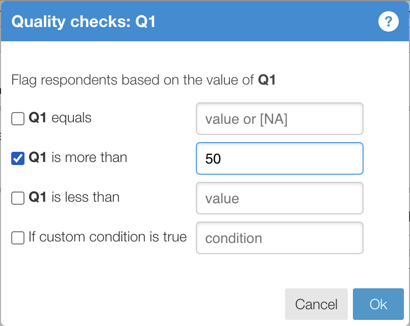 Quality checks dialog for Q1 showing four check options with 'Q1 is more than' checked and set to value '50', while other options remain unchecked.